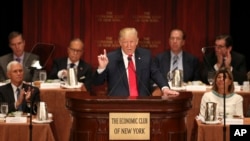 Republican presidential candidate Donald Trump delivers an economic policy speech at a luncheon at the Economic Club of New York in New York City, Sept. 15, 2016.