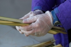 Our Lady's Immaculate Heart Catholic Church parishioner Mary Peterson wears gloves as she sorts palms for Palm Sunday before being delivered via drive-thru in response to the coronavirus outbreak, Saturday, April 4, 2020, in Ankeny, Iowa.