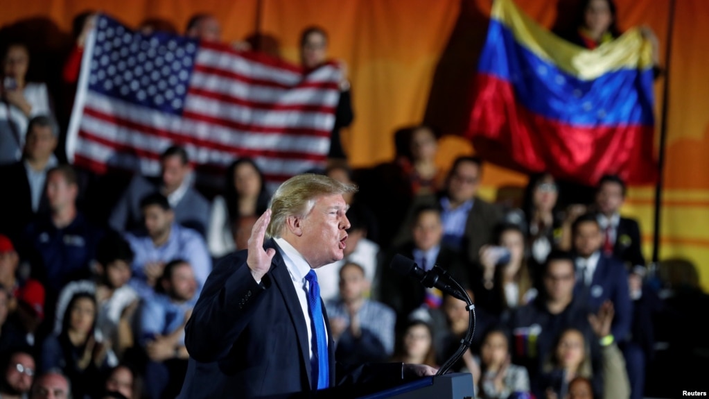 El presidente Donald Trump ofreció el lunes 18 de febrero de 2019 un discurso sobre en la Universidad Internacional de Florida sobre la crisis política en Venezuela.
