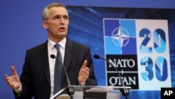 NATO Secretary General Jens Stoltenberg speaks during a media conference ahead of a NATO defense minister's meeting at NATO headquarters in Brussels, Feb. 15, 2021.