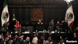 El senador Gerardo Fernández Norona celebra con los senadores, luego de que miembros del Senado de México aprobaran la muy controvertida propuesta de reforma judicial presentada por el gobierno del presidente Andrés López Obrador.