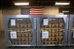 Cages of ventilators, part of a shipment of 400, arrived March 24, 2020 at the New York City Emergency Management Warehouse where they will be distributed.