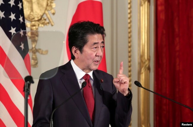 FILE - Japan's Prime Minister Shinzo Abe speaks at Akasaka Palace in Tokyo, Japan, May 27, 2019.