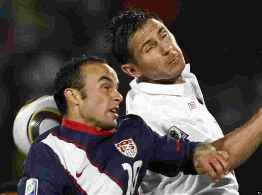 United States' Landon Donovan, left, and England's Frank Lampard, right, compete for the ball during the World Cup group C soccer match between England and the United States at Royal Bafokeng Stadium in Rustenburg, South Africa, Saturday, June 12, 2010. 