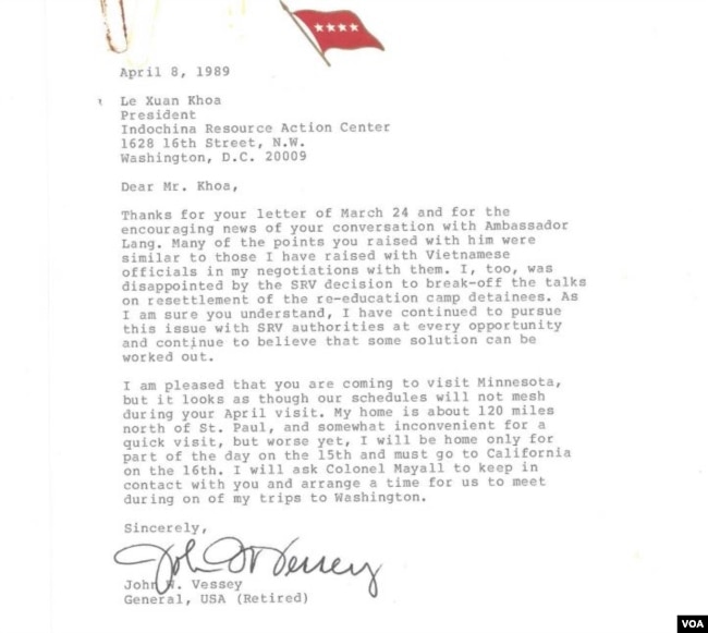 Một trong những bức thư tướng Vessey gởi ông Lê Xuân Khoa. (Hình: tác giả cung cấp)
