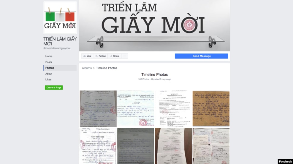 Trang Facebook 'Triển lãm giấy mời' trưng bày hơn 150 văn bản do chính quyền gửi đến người dân như giấy mời, giấy hay lệnh triệu tập.