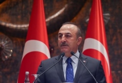 Turkish Foreign Minister Mevlut Cavusoglu speaks during a meeting in Ankara, Feb. 4, 2020. Cavusoglu said Ankara and Moscow were trying to keep peace efforts for Syria alive.