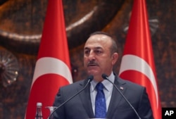 Turkish Foreign Minister Mevlut Cavusoglu speaks during a meeting in Ankara, Feb. 4, 2020.