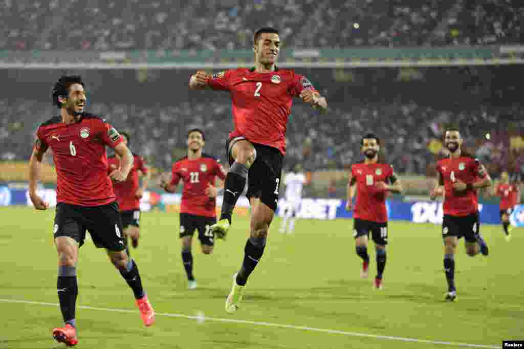 Egypt's Mohamed Abdelmonem celebrates scoring his team's first goal against Sudan, in Cameroon, Jan. 19, 2022.