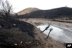 Mud and debris has washed down normally-dry Solstice Creek in an area burned by the Woolsey Fire in Malibu, Calif., Nov. 29, 2018. Bands of heavy rain are moving across Southern California, raising concerns about possible mudslides.