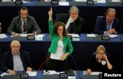FILE - Dutch Member of the European Parliament Sophia in 't Veld requests the floor during a session at the European Parliament in Strasbourg, France, July 18, 2019.
