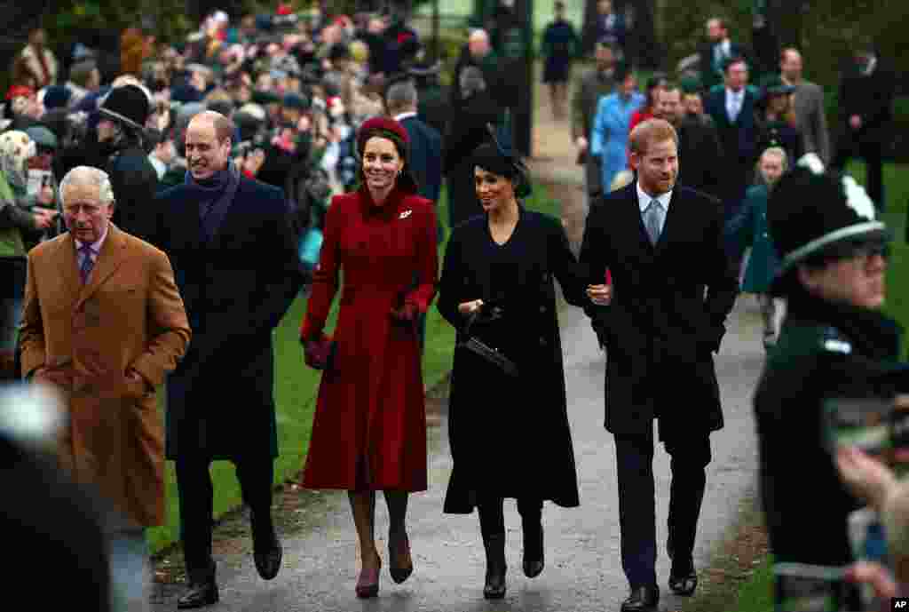 Britain&#39;s Prince Charles, Prince William, Duke of Cambridge and Catherine Duchess of Cambridge along with Prince Harry, Duke of Sussex and Meghan, Duchess of Sussex arrive at St. Mary Magdalene&#39;s church for the Royal Family&#39;s Christmas Day service on the on the Sandringham estate in eastern England, Dec. 25, 2018