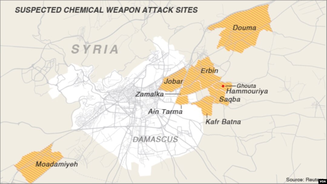 MAP: Suspected chemical weapon attack sites, Damascus