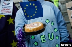 A pro-Europe supporter holds a cake with a EU flag in it, following the decision of the Supreme Court, in Parliament Square, central London, Jan. 24, 2017.