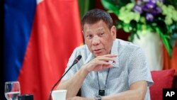 In this photo provided by the Malacanang Presidential Photographers Division, Philippine President Rodrigo Duterte talks at the Malacanang presidential palace in Manila, Philippines, Monday, Sept. 7, 2020. (Karl Norman Alonzo/Malacanang Presidential Photo)