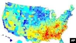 Life expectancy for women by US county, 2007. Red and orange
show life expectancy less than 78.5 years. Darker blues indicate life
expectancy 81 and higher.