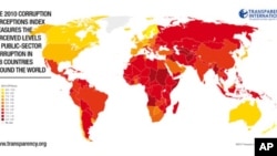 A world map with Transparency International's 2010 corruption perceptions index, 26 Oct 2010