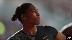 South Africa's Caster Semenya competes in the women's 800-meter final during the Diamond League in Doha, Qatar, May 3, 2019. 