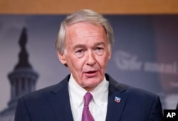 FILE - Sen. Edward Markey, D-Mass., speaks during a news conference on Capitol Hill in Washington.