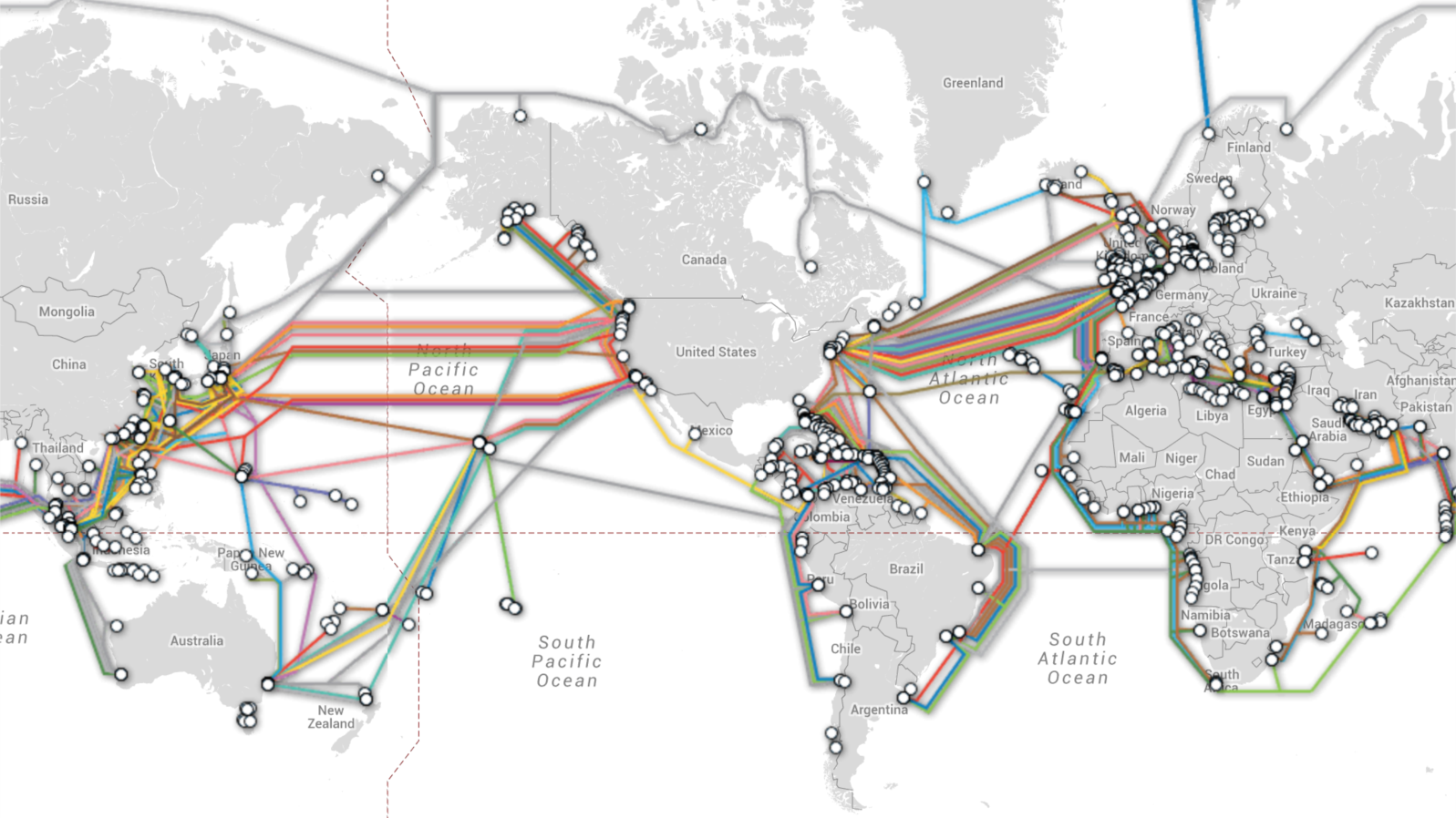 FILE - The world’s undersea cables as of 2015. (Image courtesy of TeleGeography)