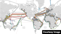 FILE - The world’s undersea cables as of 2015. (Image courtesy of TeleGeography)