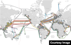 The world’s undersea cables, image courtesy of TeleGeography.