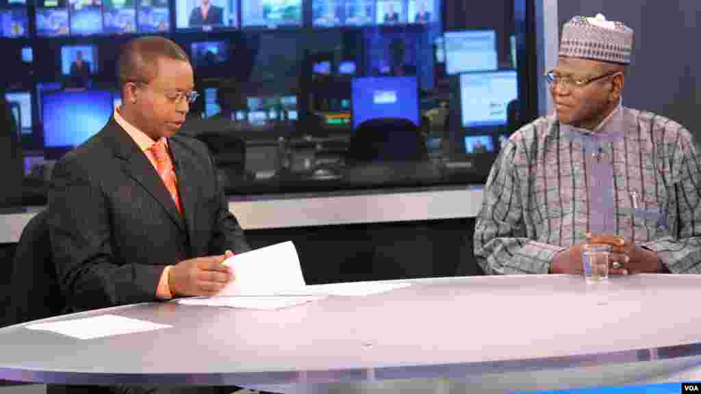 Jigawa State Governor Sule Lamido (R) is interviewed by Vincent Makori (L), host of 'Africa 54.'