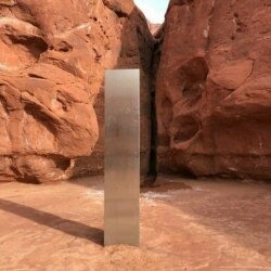 This video grab image obtained Nov. 24, 2020 courtesy of the Utah Department of Public Safety Aero Bureau shows a mysterious metal monolith that was discovered in Utah, Nov. 18, 2020.