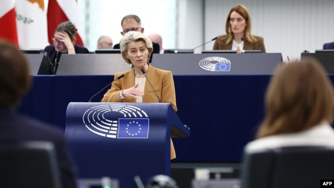 European Commission President Ursula von der Leyen speaks during a debate at the European Parliament in Strasbourg, eastern France, on Feb. 6, 2024.