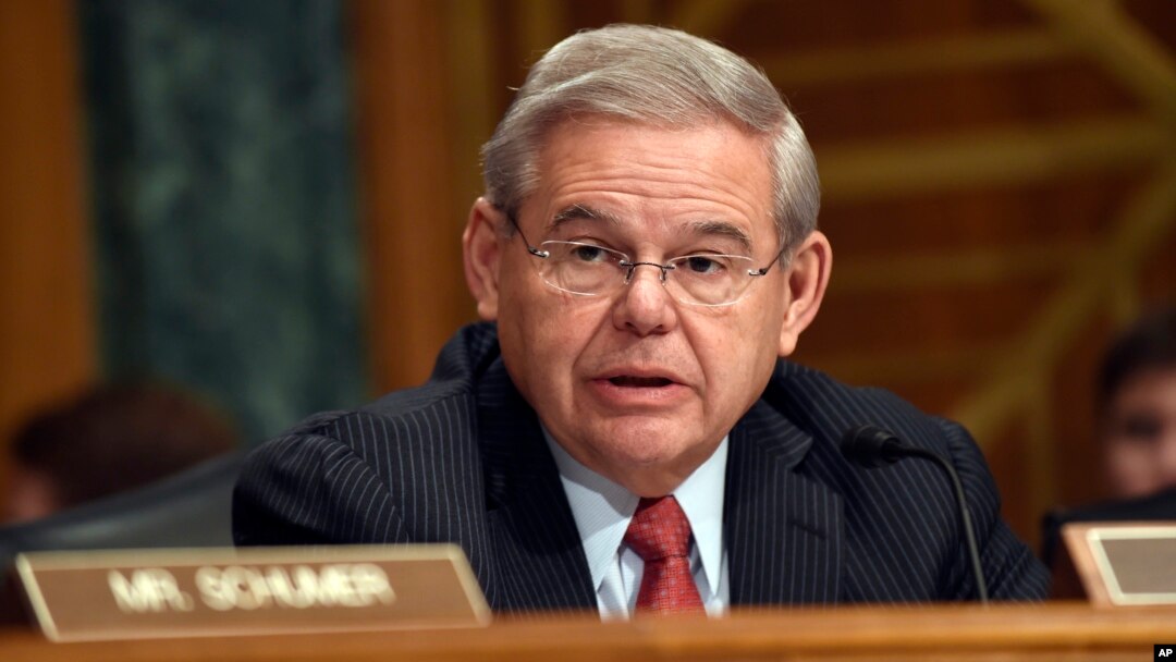 FILE - Sen. Robert Menendez, D-N.J. addresses fellow members of the Senate Banking Committee in Washington, Jan. 27, 2015.