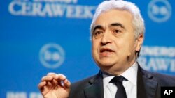 FILE - Fatih Birol, executive director of the International Energy Agency, speaks about the state of the oil industry in Houston, Feb. 22, 2016. He predicts the worldwide glut in oil supplies will drop in the next year or two.