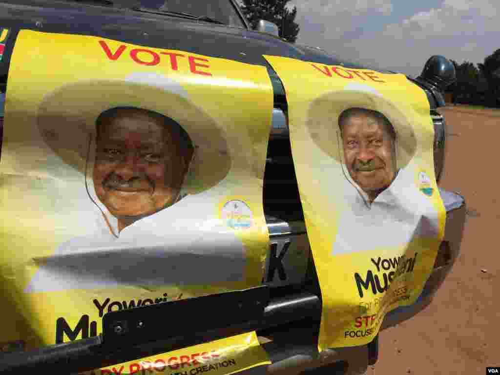 Posters in support of Uganda President Yoweri Museveni are seen at a rally in Kisaasi, a suburb of Kampala, Uganda, Feb. 16, 2016. 