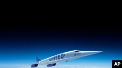 This photo provided by Boom Supersonic shows an artist’s rendition of United Airlines' Boom Supersonic Overture jet. 