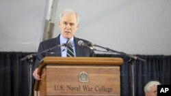 FILE - Secretary of the Navy Richard Spencer addresses graduates during the U.S. Naval War College's commencement ceremony, in Newport, Rhode Island, June 14, 2019.