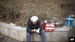 An elderly woman checks a receipt next to the groceries she bought outside a shop in Beijing, February 27, 2011