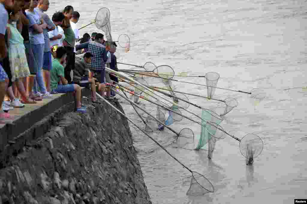 Những người chờ bắt cá dọc bờ Hoàng Hà khi Đập Tam Môn Hiệp xả nước lũ xuống hạ lưu ở Huyện Bình Lục, tỉnh Sơn Tây, Trung Quốc, ngày 6 tháng 7, 2014.