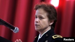 U.S. Brigadier General Diana Holland speaks at a ceremony in which she was sworn in as the first female commandant of cadets at the U.S. Military Academy at West Point, N.Y., Jan. 5, 2016.