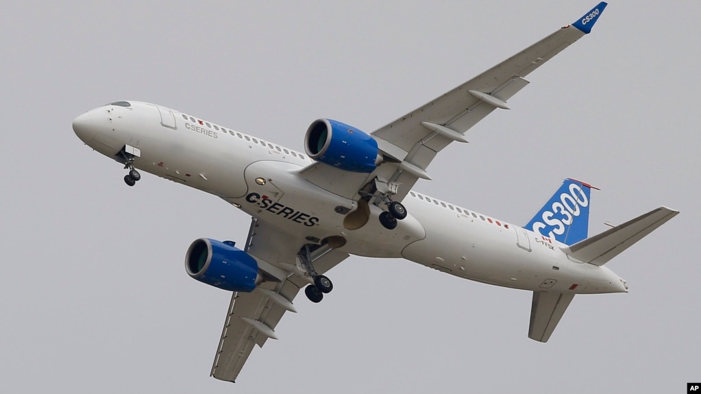 The Bombardier CS 300 performs its demonstration flight during the Paris Air Show, at Le Bourget airport, north of Paris, June 15, 2015.