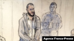 FILE - In this court sketch made 11.2.2021, Salah Abdeslam, left, the prime suspect in the November 13, 2015, Paris attacks, attends the trial taking place in a temporary courtroom set up at the Palais de Justice of Paris.