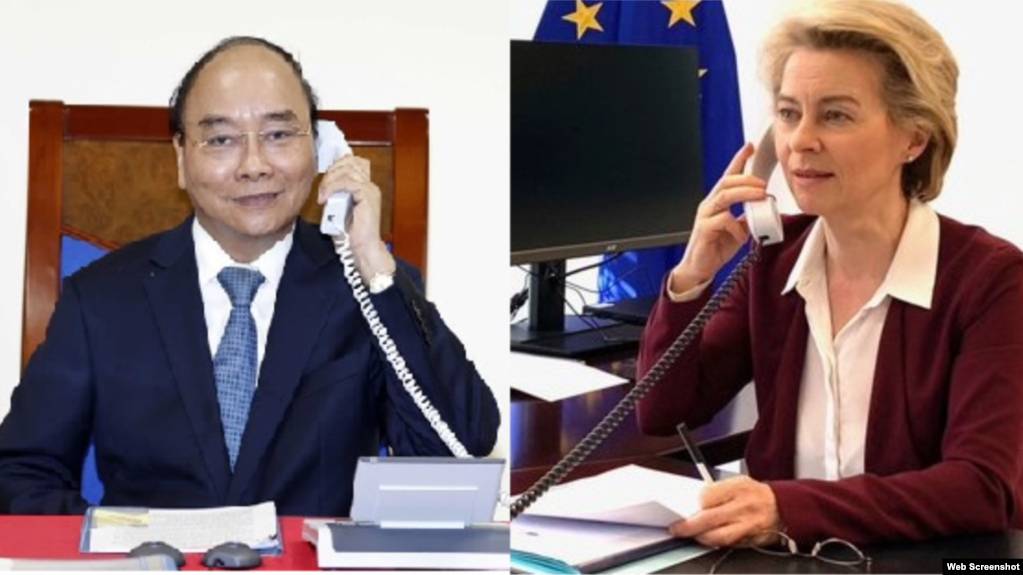 Thủ tướng Việt Nam Nguyễn Xuân Phúc điện đàm với Chủ tịch EC Ursula Von Der Leyen ngày 29-07-2020. Photo VNA và Twitter.