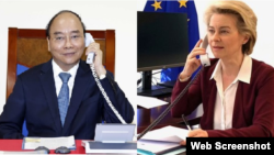 Thủ tướng Việt Nam Nguyễn Xuân Phúc điện đàm với Chủ tịch EC Ursula Von Der Leyen ngày 29-07-2020. Photo VNA và Twitter.