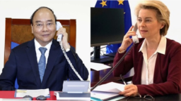 Thủ tướng Việt Nam Nguyễn Xuân Phúc điện đàm với Chủ tịch EC Ursula Von Der Leyen ngày 29-07-2020. Photo VNA và Twitter.