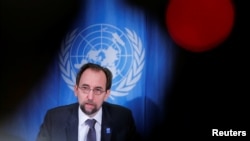 Zeid Ra'ad al-Hussein, U.N. High Commissioner for Human Rights addresses a news conference at the United Nations in Geneva, Switzerland, March 9, 2018.