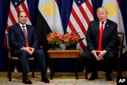 President Donald Trump speaks during a meeting with Egyptian President Abdel-Fattah el-Sissi at the Palace Hotel during the United Nations General Assembly, in New York, Sept. 20, 2017.