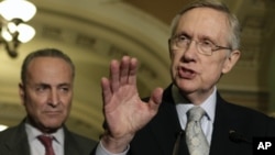 Senate Majority Leader Harry Reid (D-NV) speaks to the media on U.S. budget talks next to Sen. Charles Schumer (D-NY) on Capitol Hill in Washington (file photo)