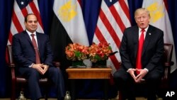 President Donald Trump speaks during a meeting with Egyptian President Abdel-Fattah el-Sissi at the Palace Hotel during the United Nations General Assembly, in New York, Sept. 20, 2017.