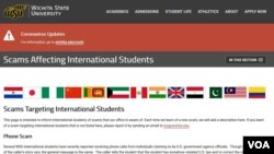 Wichita State University has set up a page to inform international students of scams that its office is aware of, Oct. 22, 2020. (Courtesy Wichita State University website) 