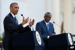 President Barack Obama speaks during a news conference with Kenyan President Uhuru Kenyatta at the State House in Nairobi, Kenya, July 25, 2015.