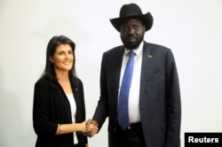 South Sudan President Salva Kiir meets U.S. Ambassador to the United Nations Nikki Haley in Juba, South Sudan, Oct. 25, 2017.