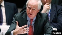 FILE - Mark Lyall Grant, then-Britain's Ambassador to the United Nations Mark Lyall Grant addresses members of the U.N. Security Council, March 6, 2015. 